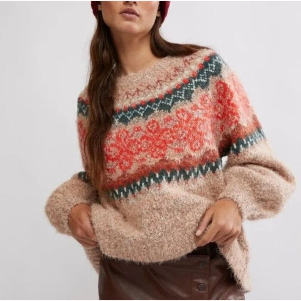 FREE PEOPLE Festive Frost Fair Isle Sweater Oversize Size M $148 NWT Soft